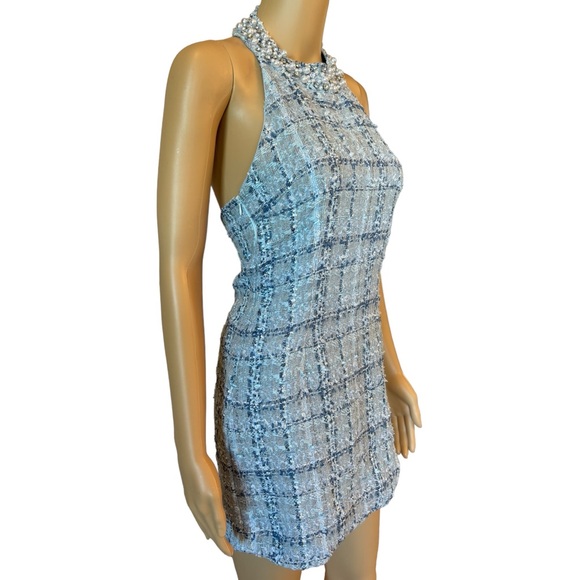 Blue Beaded Tweed Open Back Halter Dress XS - Picture 4 of 6